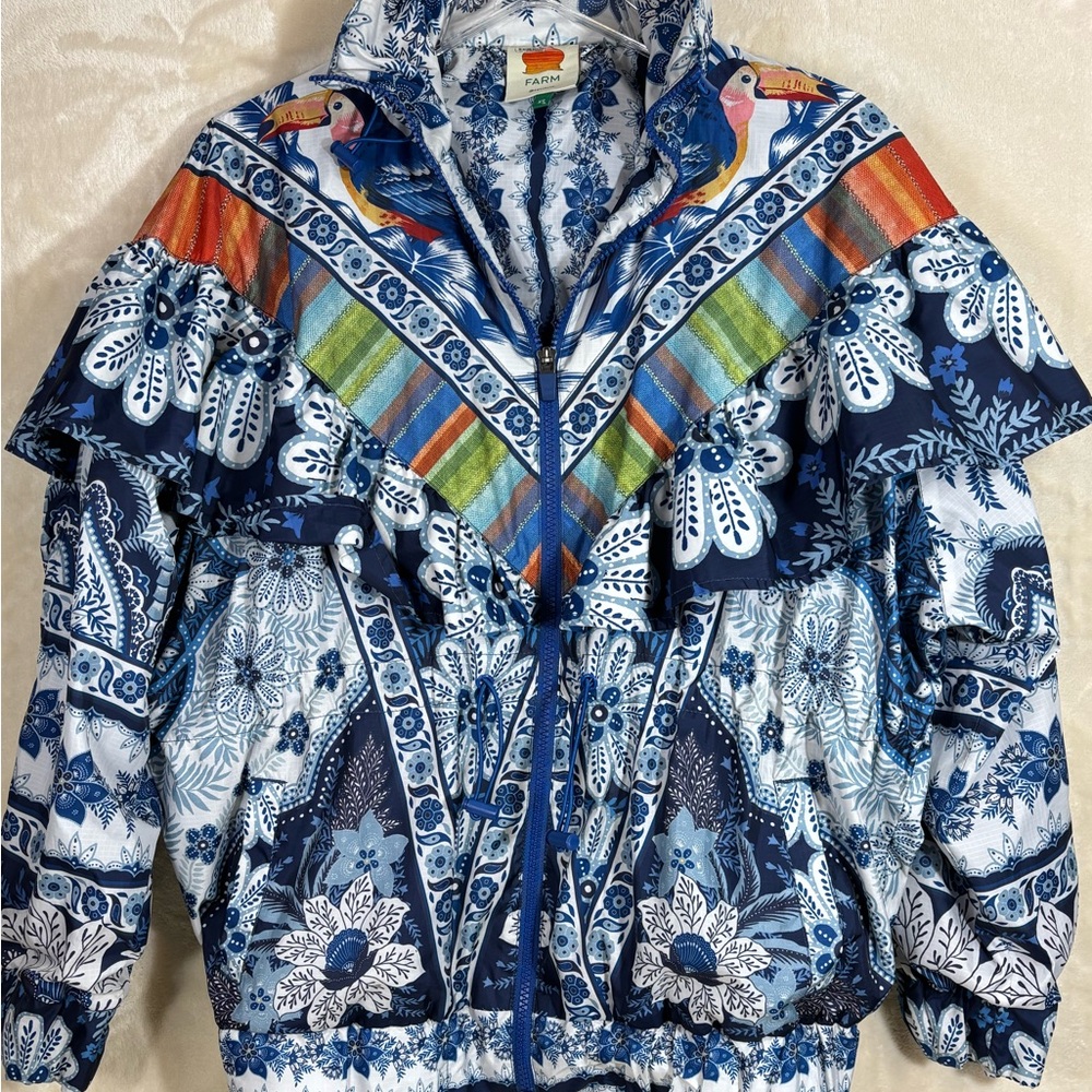 Farm Rio Women’s Blue Palms Art to Wear Ruffled Windbreaker jacket Size XS